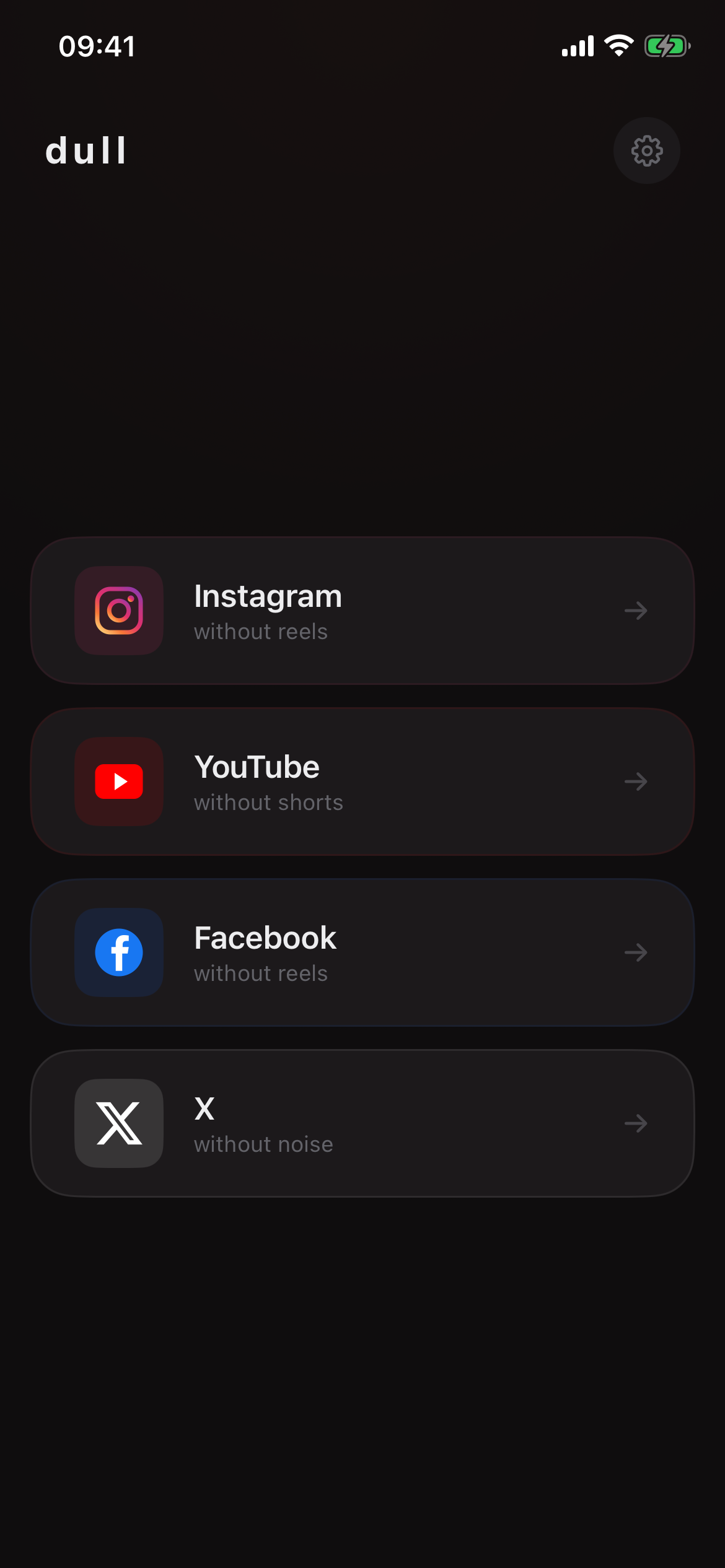 Dull home screen with platform cards